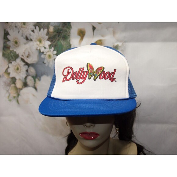 Vintage Dollywood Trucker Hat Butterfly Logo Blue Beige Mesh Snap Back Cap RARE - Picture 1 of 7